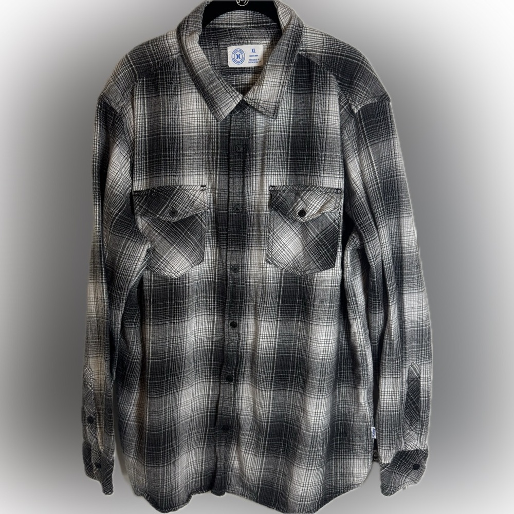 Hurley Plaid Flannel Black White Shirt XL Hiking Streetwear Skater Winter Rugged